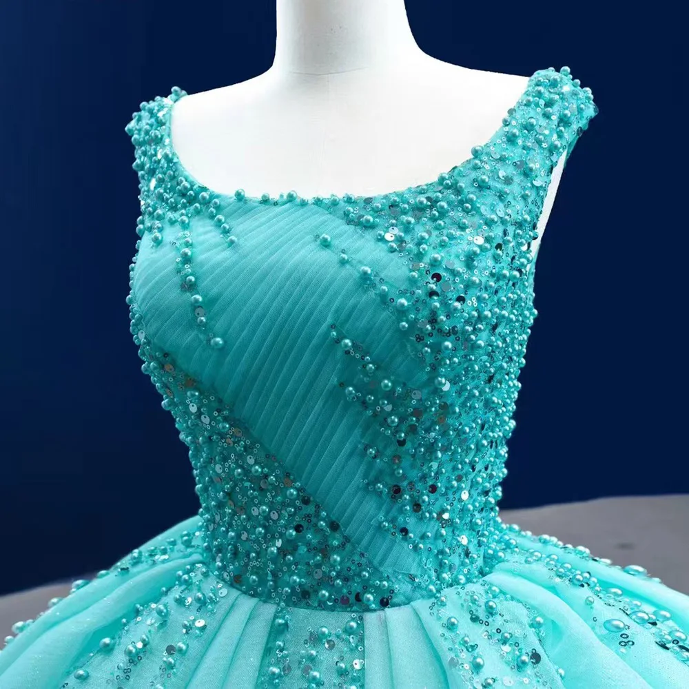 Vestido de noche verde sin mangas personalizado con cordones en la espalda con lentejuelas y perlas con cuello redondo para mujer