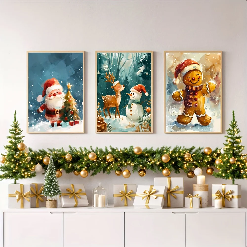 （NO Frame 3PCS）-2D Flat, 2D Flat, Three Christmas Canvas Posters Featuring Santa Claus, a Snowman with a Reindeer, And Ginger