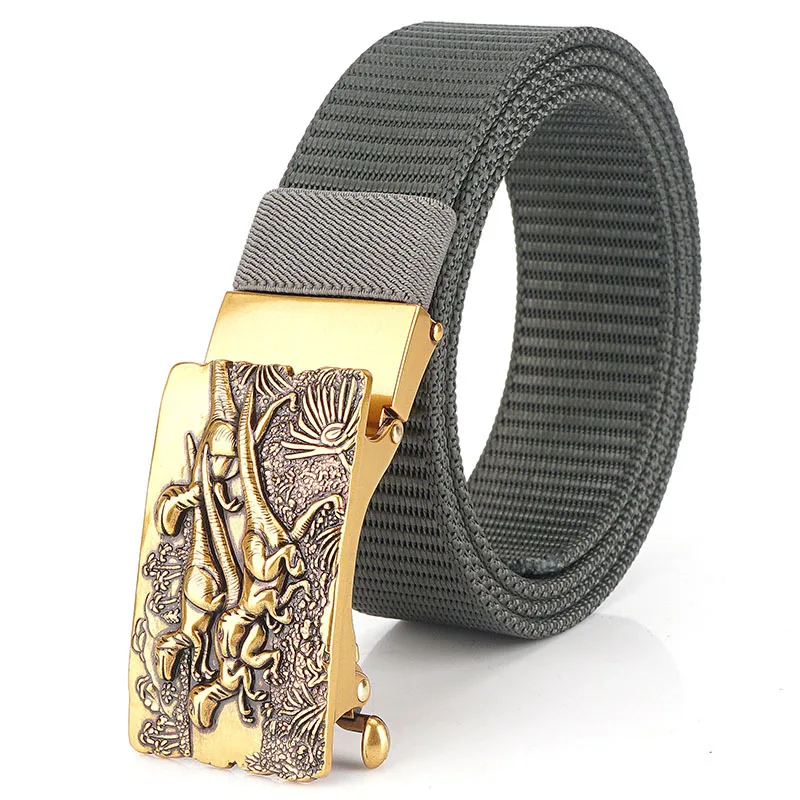 Men Nylon  Training Belt Luxury Gold Dinosaur Pattern Metal Automatic Buckle Canvas Belts For Male Tactical Waistband