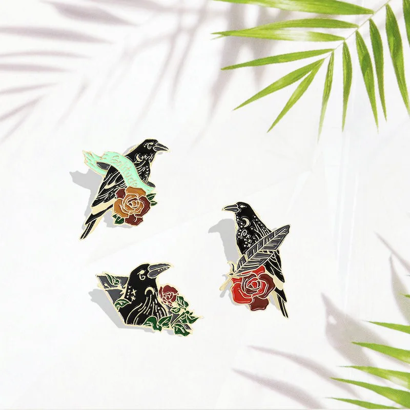 Flowers Pines Bag Lapel Pins Punk Badge Gothic Jewelry Gift for Friends Crow Raven Enamel  Pins Custom Bird Feather Moon