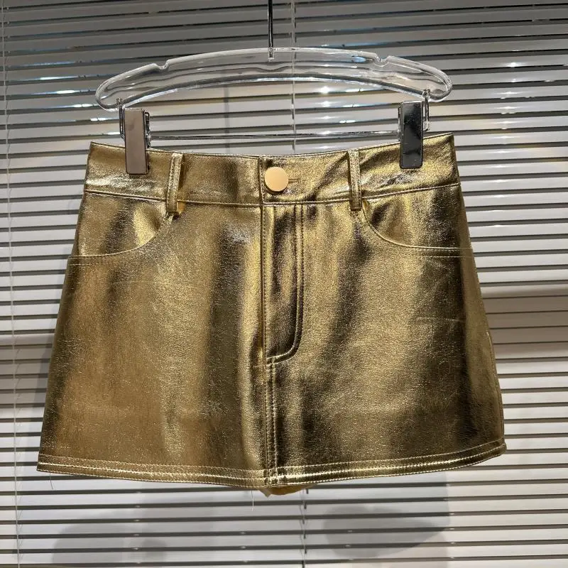 

Retro Gold PU Leather Skirt Women's Faionable ort Skirt Bright Leather Painted Skirt Bodycon Skirt Street Sle
