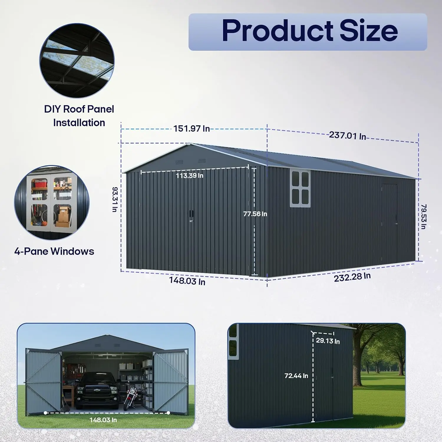 13x20 FT Metal Outdoor Storage Shed for Car Truck Bike Backyard Tool House with 2 Windows & Translucent Panels, Customized