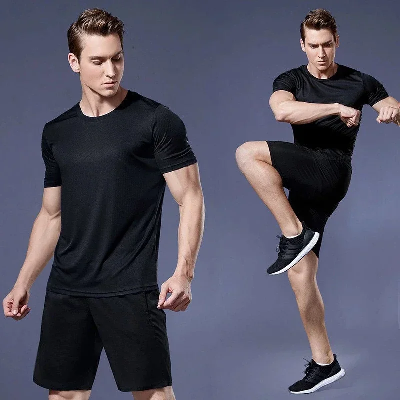 Quick-drying Men Running Shirts Fitness Compression Gym Polyester Sports T-shirt Black 2024 Workout Training Muscle Fit Clothing