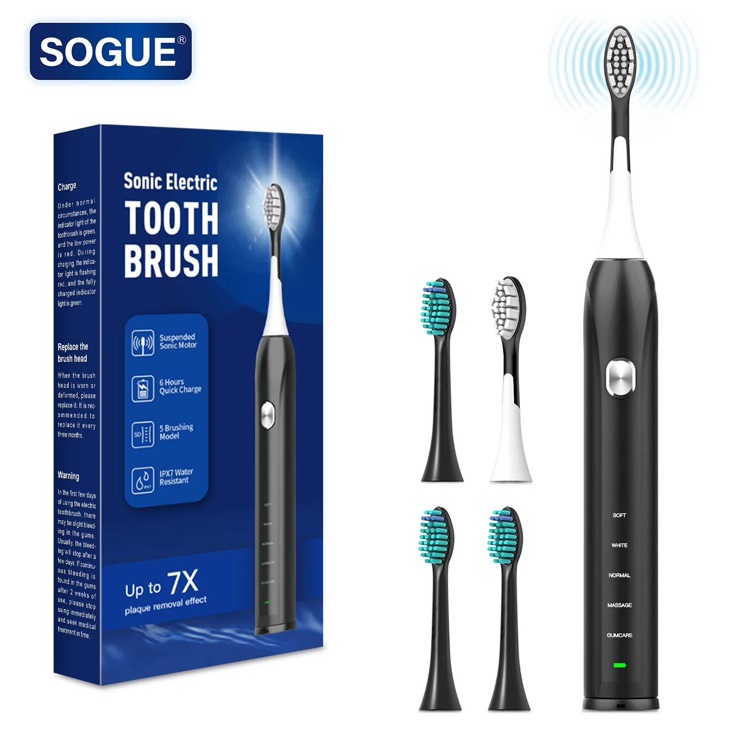 

SOGUE S53 Electric Sonic Toothbrush Sensitive Gum Care Rechargeable Toothbrush 5 Modes with 4 pcs Soft Brush Bristle Head