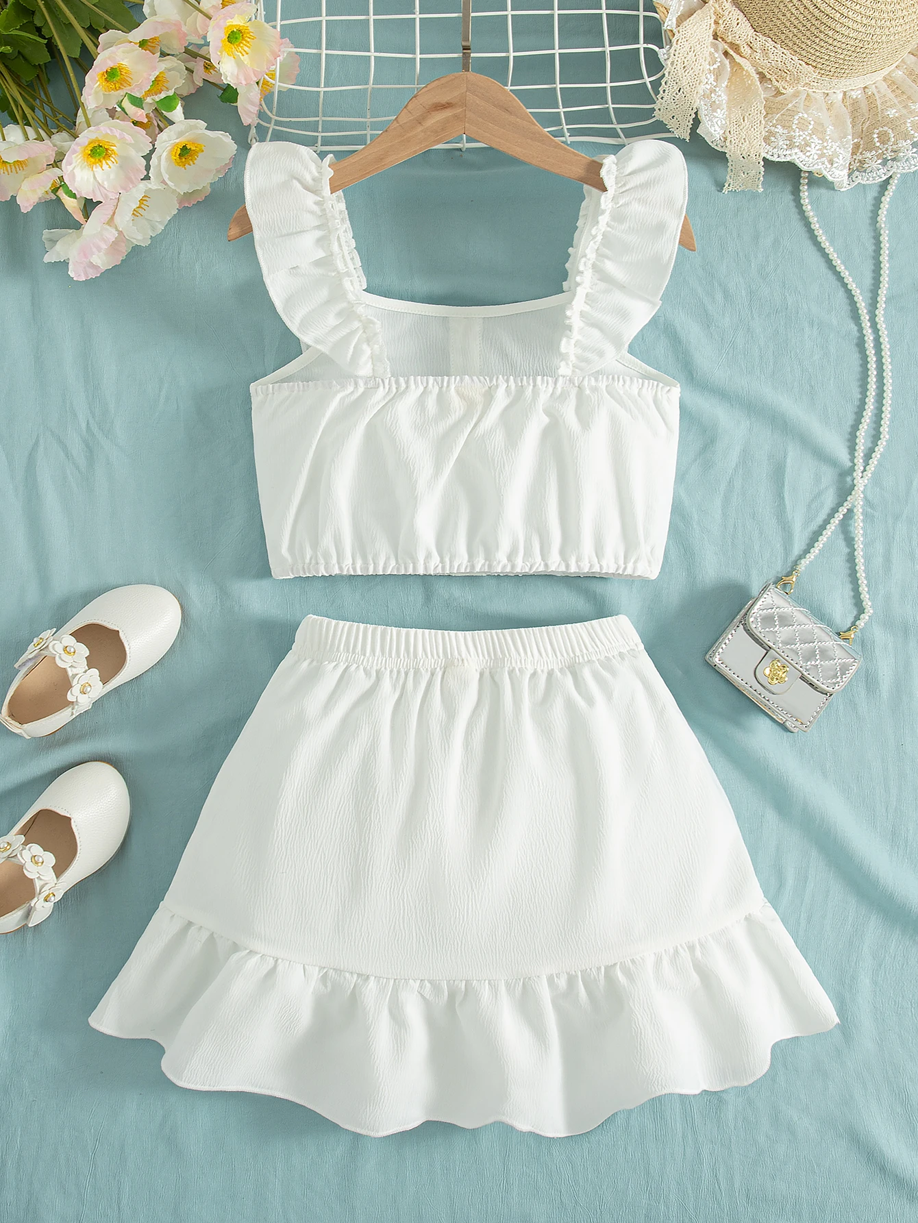 Youth summer daily leisure outing sleeveless wooden ear edge design fake button decoration blouse and skirt set two sets girls s