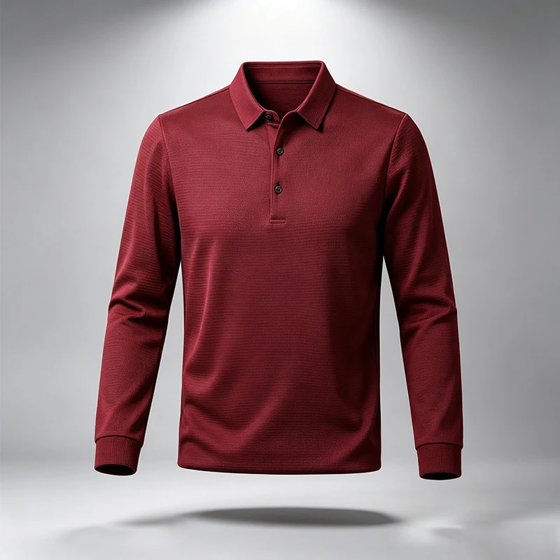 Herren Strukturiertes Waffel-Langarm-Poloshirt, Reguläre Passform, Weich, Knitterresistent, Business-Casual Alltags-Pullover-Oberteil – Detail 5