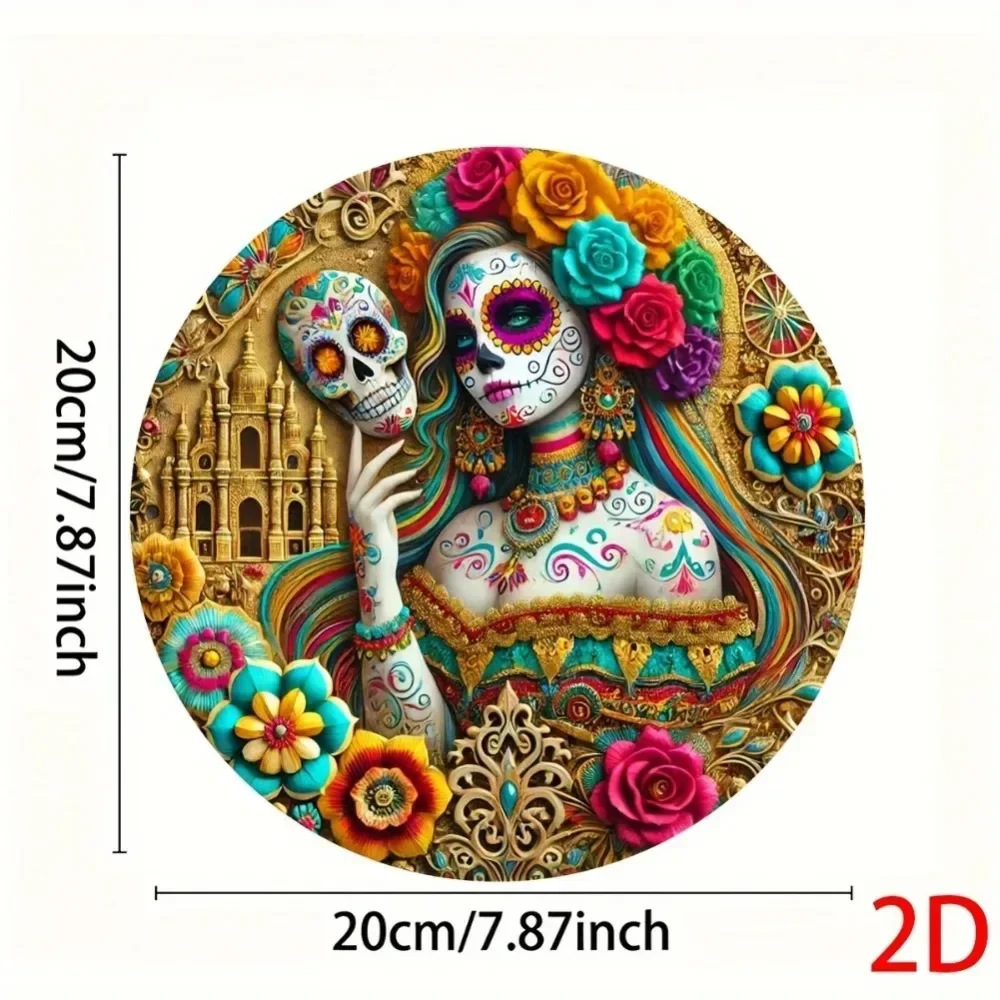 1 Flat Round Two-Dimensional Aluminum Plate, Mexican Vintage Day of the Dead Motif, Catrina and Skeleton