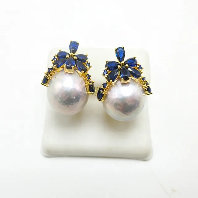 

Luxury Gold Plated Large Fresh Water Pearl Baroque Pearls Earrings Blue Sapphire Spinel 925 Sterling Silver Earrings