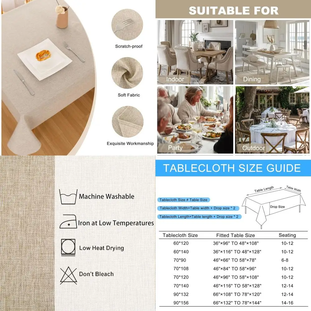 

Washable Linen Tablecloth - Stain and Wrinkle Resistant, Beige, 90 x 156 for Dining and Party Use