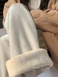 하이웨이스트 플리스 안감 와이드 레그 팬츠 여성 캐주얼 루즈핏 편안한 코튼 벨벳 가을 겨울 패션 스트레이트 컷