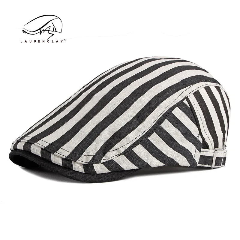 Men Women Beret Cotton Buckle Adjustable Stripe Pattern Newsboy Hats Cabbie Gatsby Flat Driving Hats Kpop Vintage