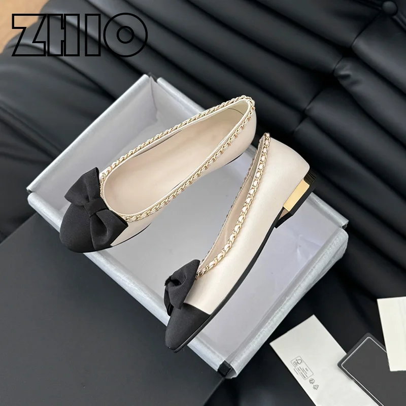 

2024 Designer Women Flats Luxury Leather Bow Chain Embellished Mary Jane Shoes Casual Fashion Women Ballet Shoes Dress Shoes