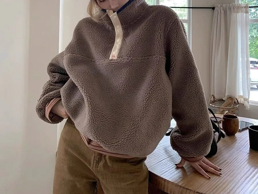 2025 Autumn and Winter Vintage Collar Sweatshirt Jacket for Women Long Sleeved with Thick Velvet and Loose Top