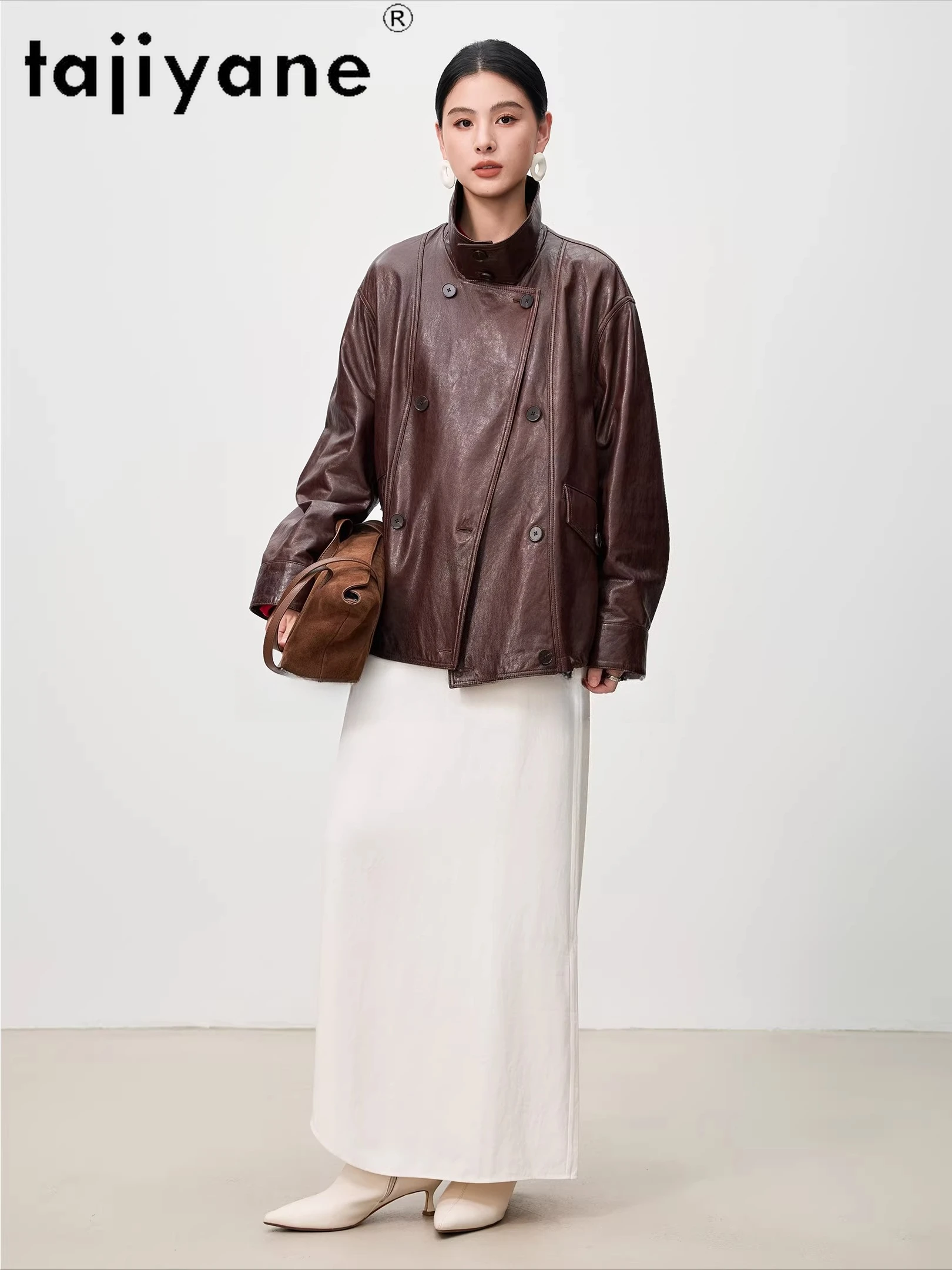 เสื้อแจ็คเก็ตหนังแกะแท้ TAJIYANE สำหรับผู้หญิง ทรงสั้นโอเวอร์ไซส์ แจ็คเก็ตหนังแท้ ฤดูใบไม้ร่วง 2025 เสื้อผ้าผู้หญิง