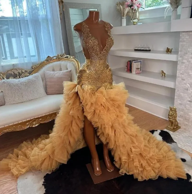 

Длинные платья для выпускного вечера со стразами и золотом, Русалка, 2024, черные девушки, расшитые бисером, оборки, африканское вечернее платье для гала-выпускного, по индивидуальному заказу