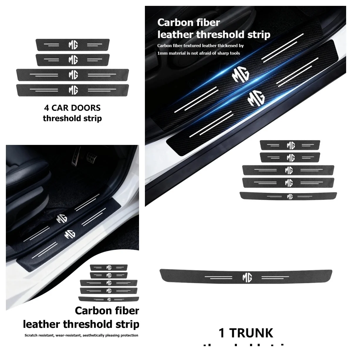 Morris Garages Carbon Fiber Threshold Strip Door Sill Protection Decals Self Adhesive Fit MG ZS EV HS MG3 MG4 MG5 MG6 MG7 GT GS