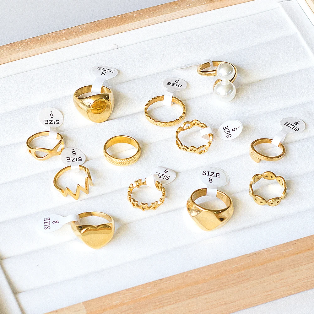 LUXUSTEEL Vintage Golden Color Stainless Steel Rings for Women Geometric Pearl Hollow Stars Fashion Wedding Jewerly Gifts
