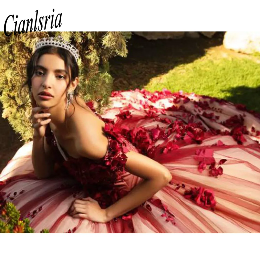 Vestido Rojo De fiesta sin hombros, flor 3D, quinceañera, princesa dulce, 16 Vestidos De 15 años