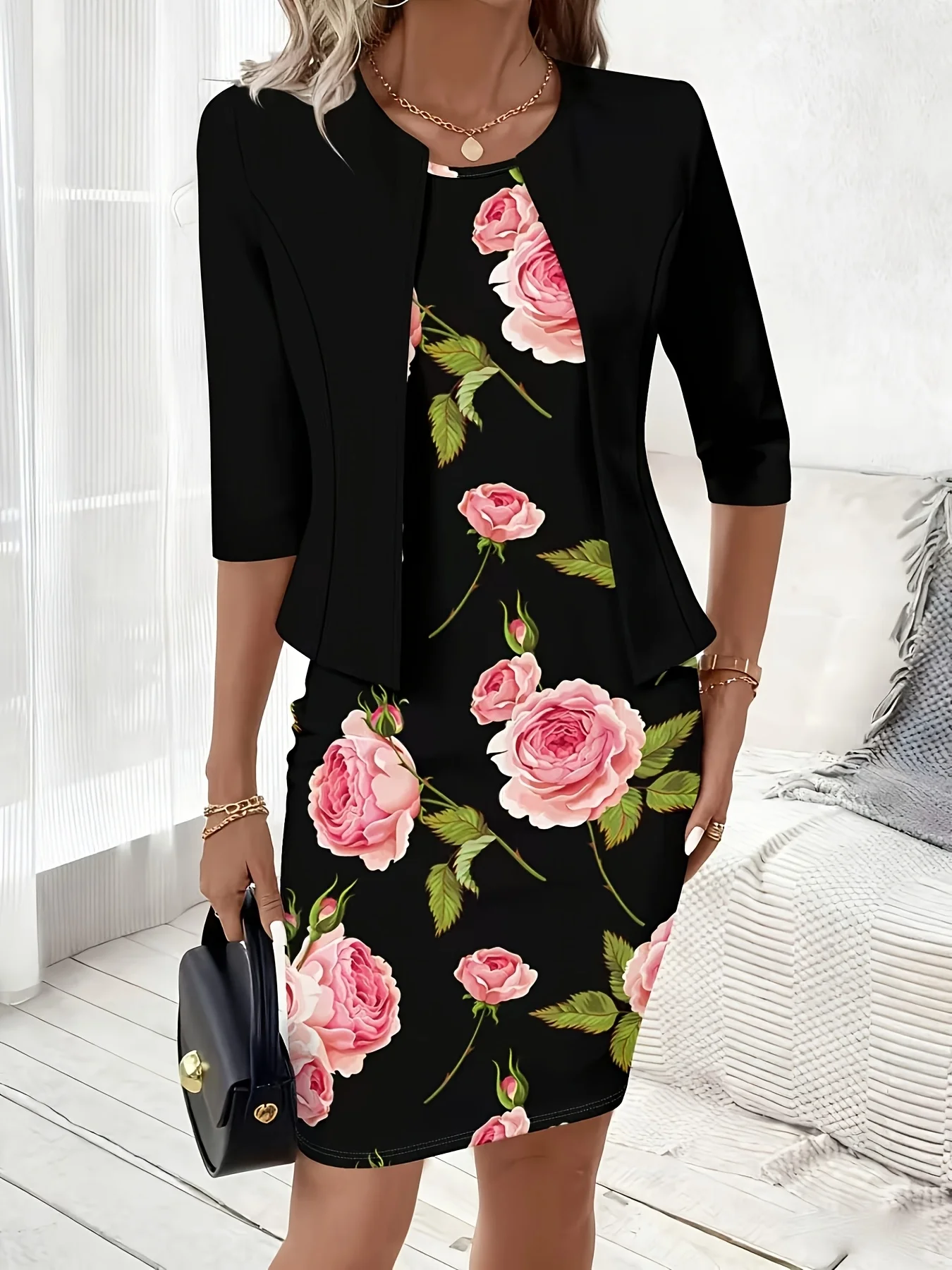Printed design Casual Style Pink Roses On Black Background Round Neck Tank Dress Set view 6