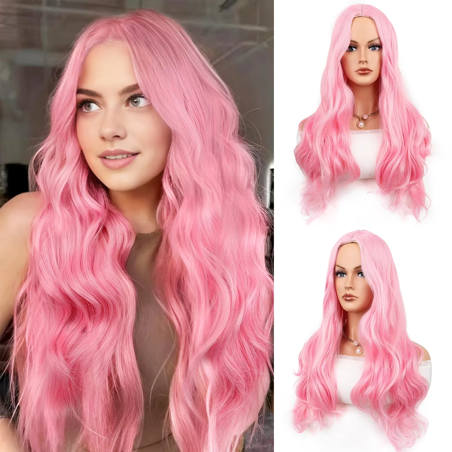 Pink synthetic wig, big wave wig, Halloween cosplay wig, character play party wig, high-temperature synthetic hair cap