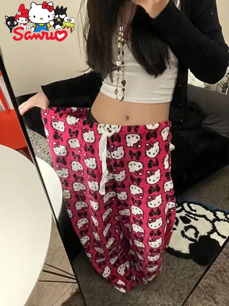 MINISO Melody Kuromi Hello Kitty Cinnamoroll Pochacco Summer Wide-leg Pants Women's Versatile Elastic Waist Straight-leg Slacks