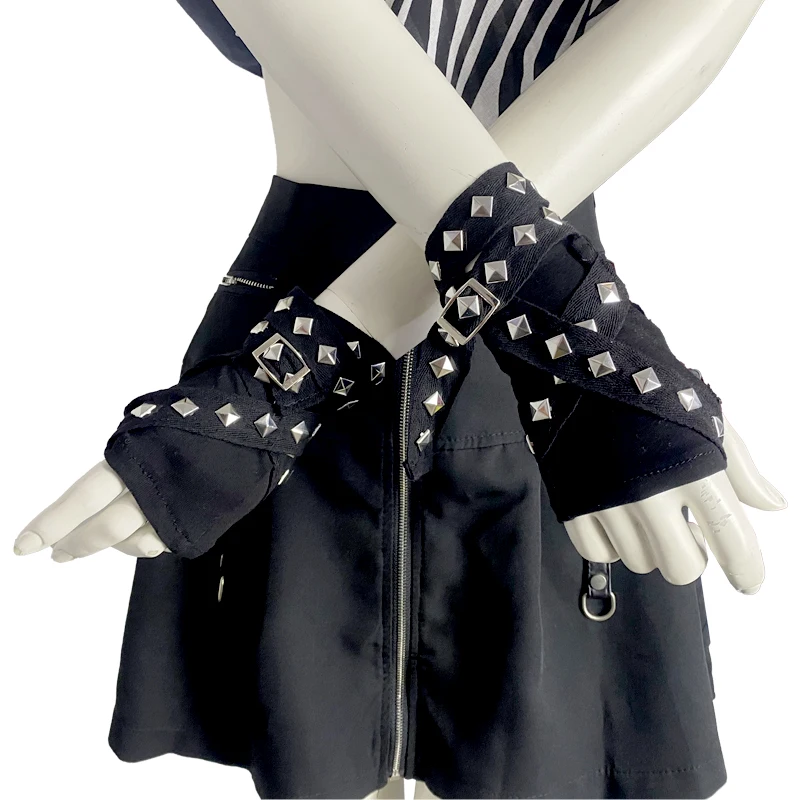 

Unisex Ninja Harajuku Gloves Black Wrist Length Fingerless Women Punk Mittens Rivet Ribbons Streetwear 2024 Spring Summer