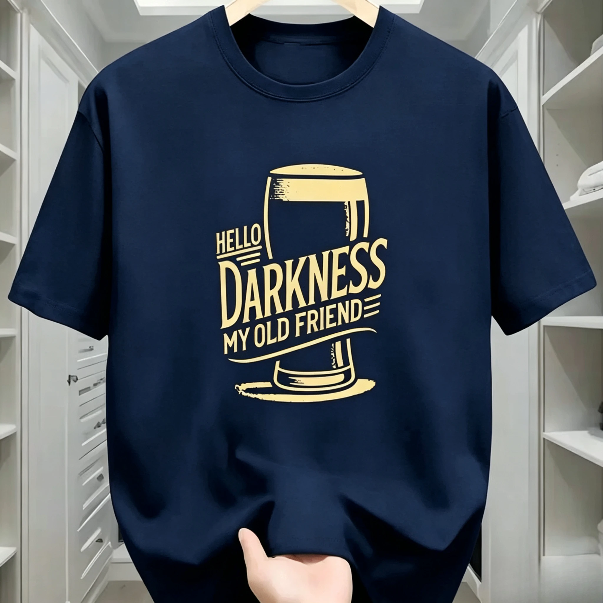 Men's and Womens Funny Beer Lover T-Shirt Hello Darkness My Old Friend Graphic Tee Shirt with Golden Print   Comfortable