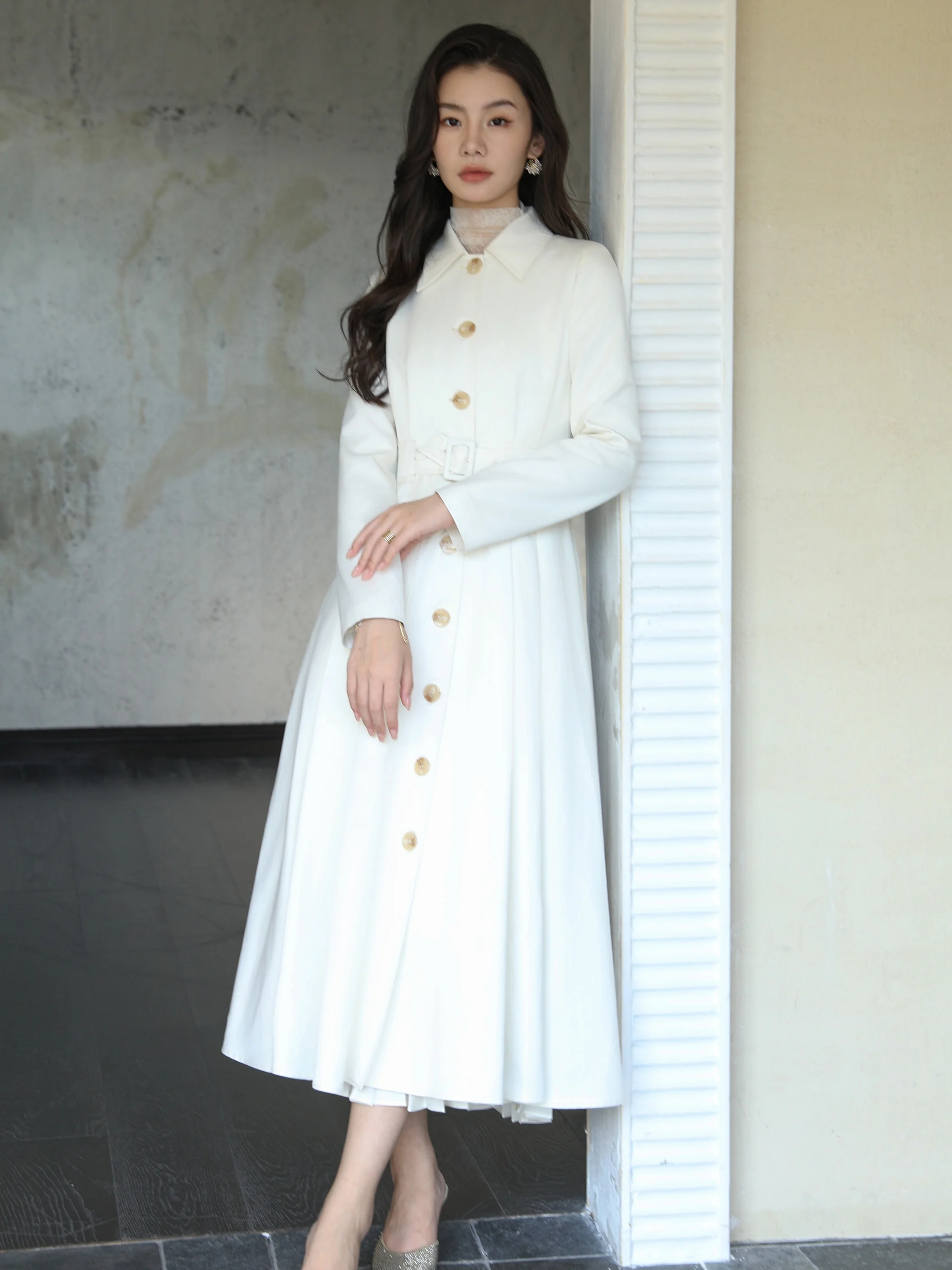 MAXMAY Women's Long Coat Advanced Sensation Shoulder Fit Waist Tunic Style Korean Style Silk Blend Autumn Spring Outerwear