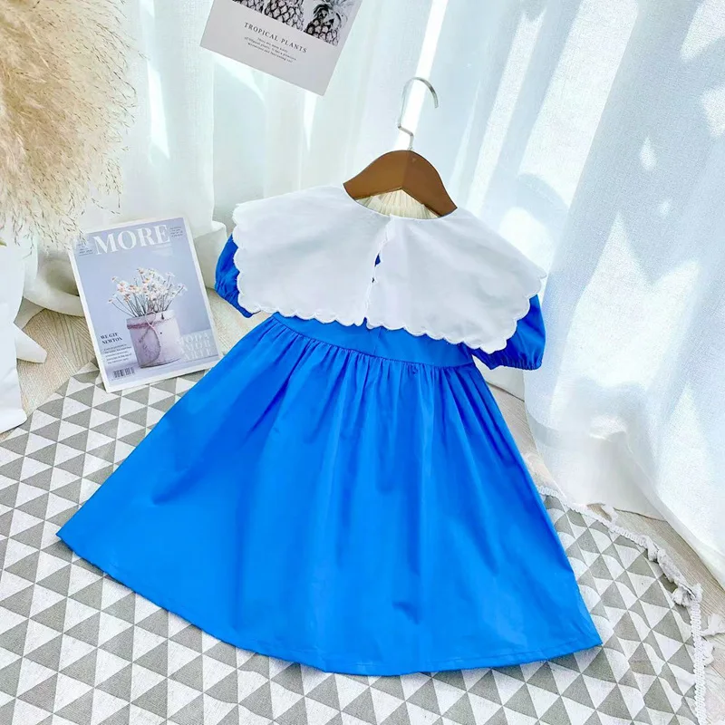 Korean Style Girls Dress 2022 Summer New Short Puff Sleeve Turn Down Collar Embroidered Flowers Patchwork Princess Dresses Kids