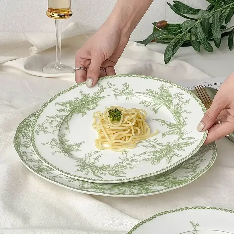 

European Style Jade Green Lily of The Valley Series High-end Exquisite Bone China Western Dining Plate Dessert Plate Tableware