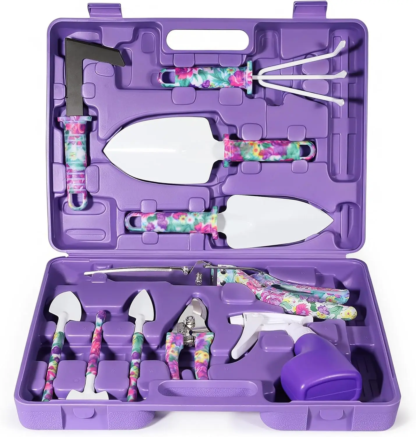 

Gardening Gifts for Women, 10Pcs Garden Tools Set with Case, Ergonomic Handle Trowel Rake Weeder Pruner Shears Sprayer, Purple