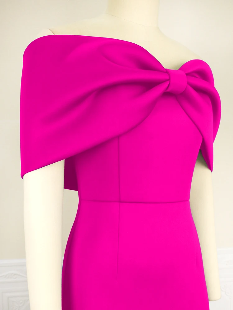 Women Bare Shoulder Mermaid Dresses Chic Bow Neck Backless Midi Flare Tight Dress Fuchsia Party Event Birthday Gowns Large Size