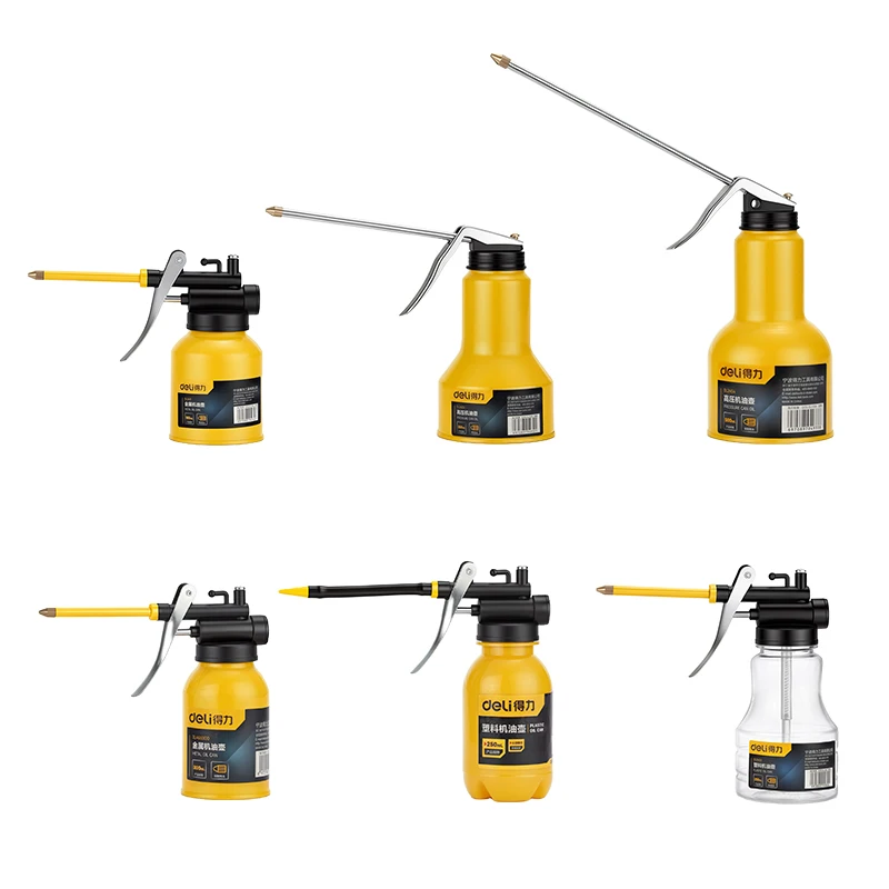 Deli High Pressure Oil Can Manual Lubricant Dispenser Metal Plastic Long Nozzle 180-500ml for Machinery Bicycle Gear Lubrication
