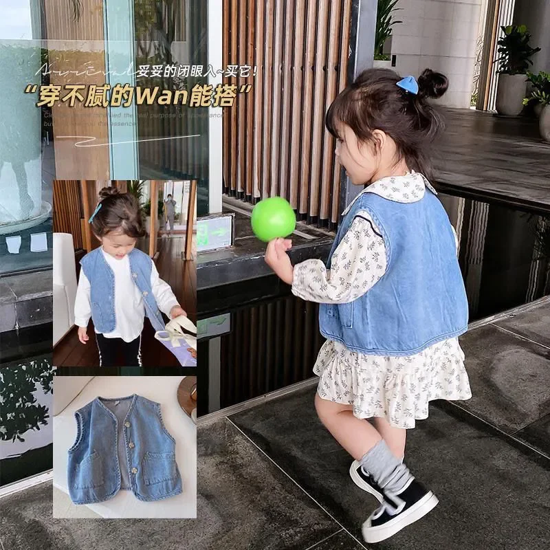 

New Vests for Girls Denim Cardigan Solid Vests with Pocket Casual Autumn Boys Children Clothes Single-breasted Waistcoats 1-8Y