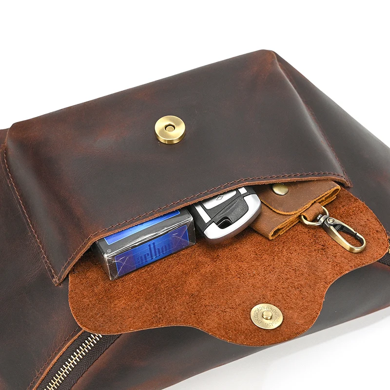 Designer Vintage Men\'s Chest Bag Leisure Cycling Crossbody Top Layer Leather Waist Bag for Male