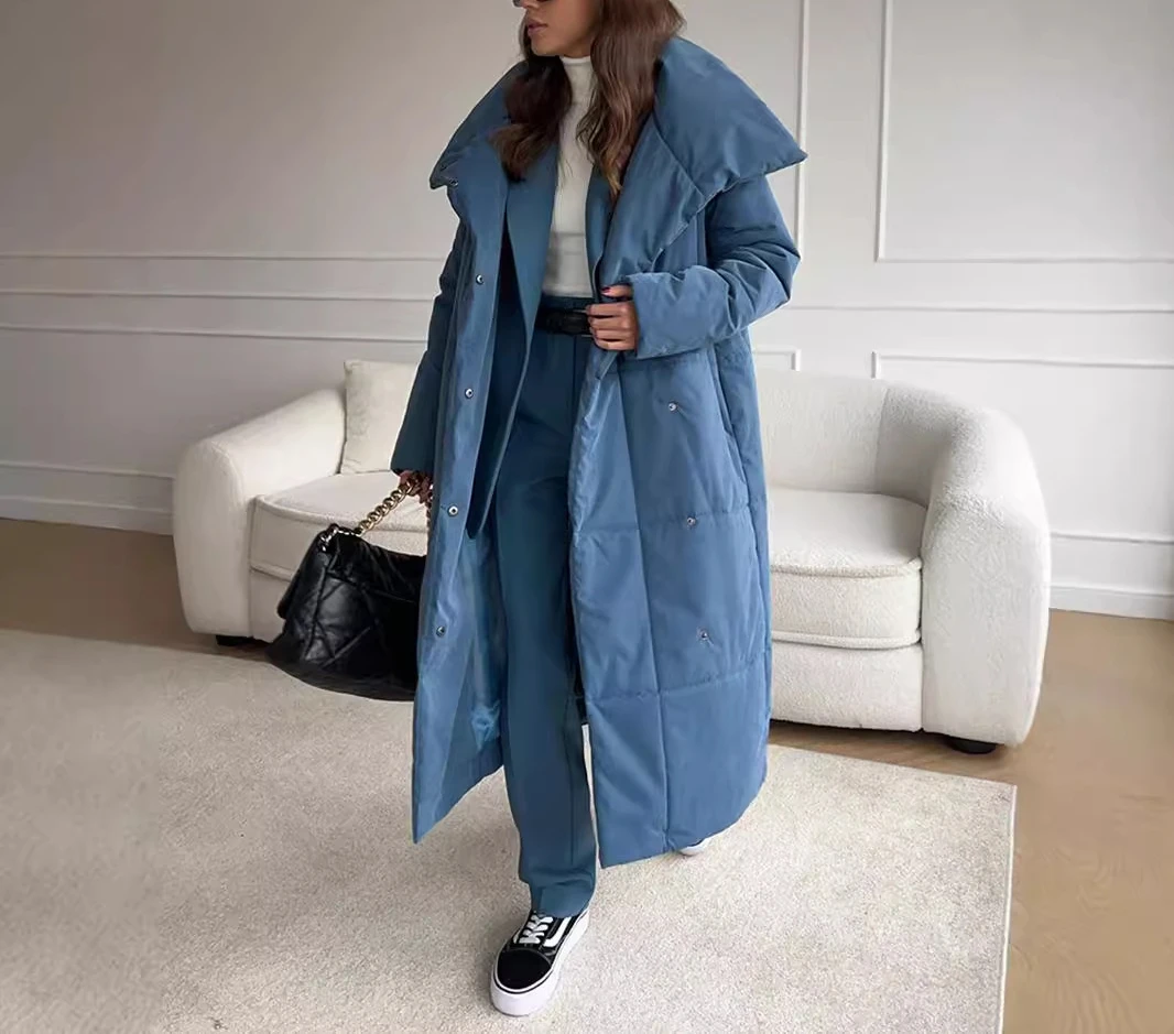 Long Cotton-padded Jacket sashes Coat Europe and America 2024 Autumn Winter New Loose Casual Warm Long Collar Cotton Jacket