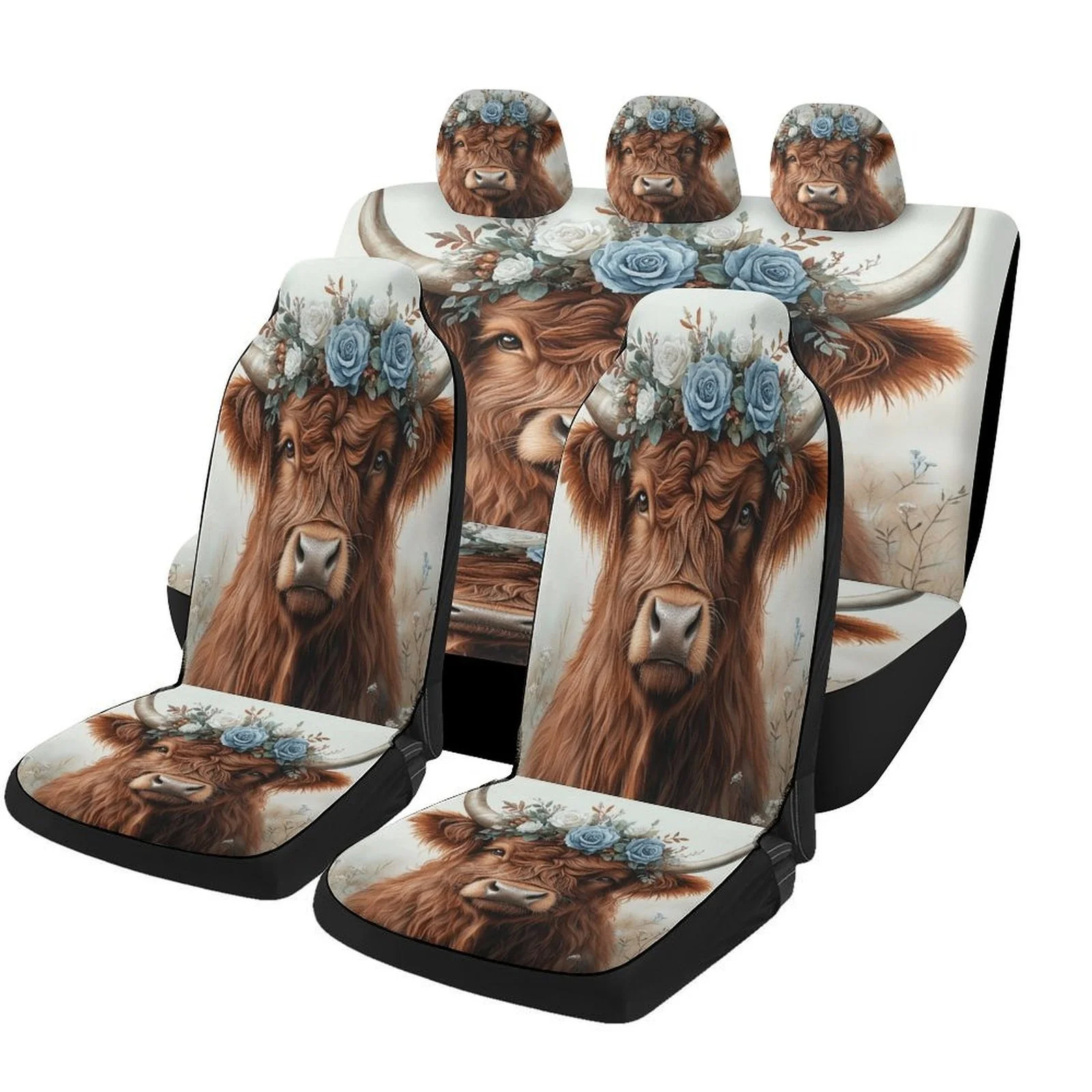 Floral Bull Portrait Car Seat Cover Set - High-Quality Polyester, Universal Fit For 2 Front & Rear Seats, All-Season Use, Machin