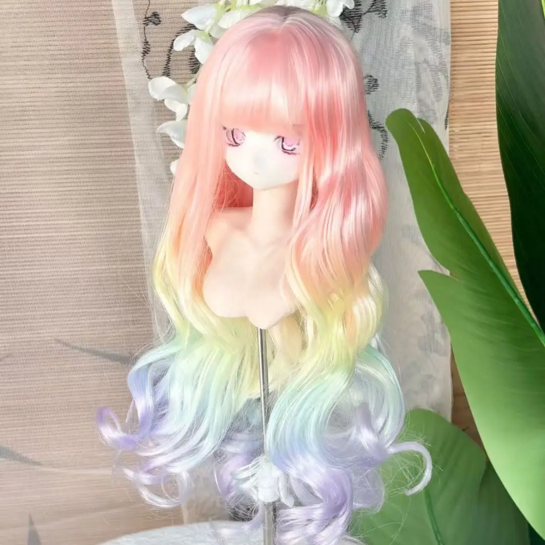 High Temperature Silk 1/3 1/4 1/6 Bjd Wig Fashion Rainbow Gradient Long Curled Hair Dress Up Bjd Doll Wig Accessories No Doll