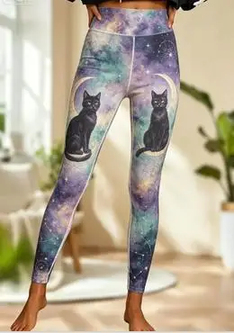 Women Mid‑Rise Fleece Lined Leggings, Halloween Mystic Galaxy Cat Moon Tribal Print Slim Elastic Trousers view 3