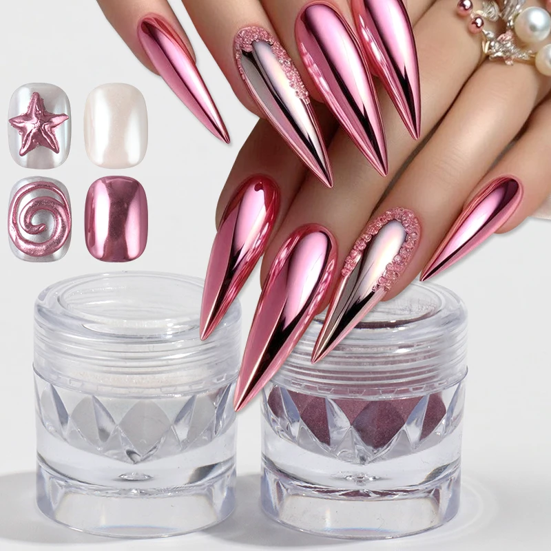 2 Box Pink White Chrome Nail Powder Metallic Mirror Moonlight Effect Glitter Pearl Mermaid Rubbing Nail Art Pigment Dust Decor