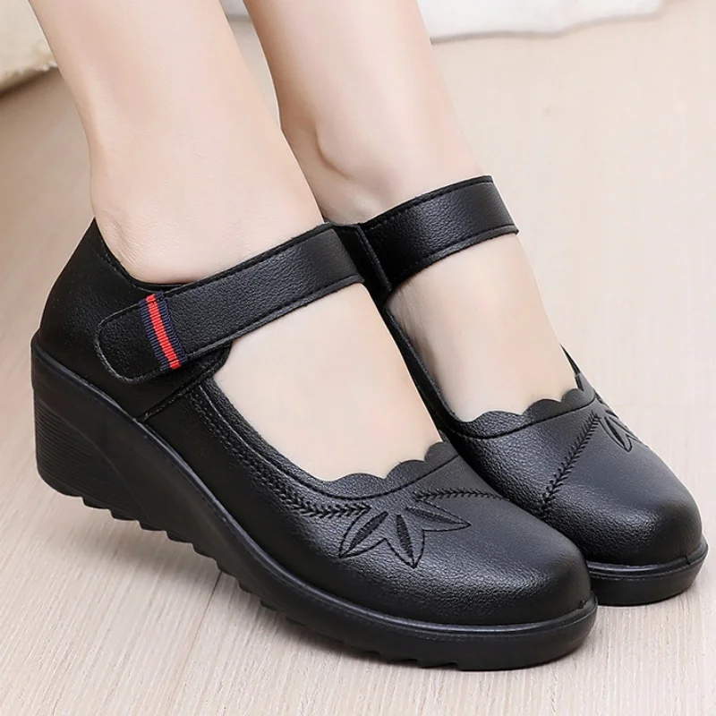 المألوف سميكة سوليد لينة سوليد المضادة للانزلاق أحذية نسائية الربيع والخريف الساخن بيع جولة رئيس المنحدر كعب العمل حذا فردي للسيدات #2