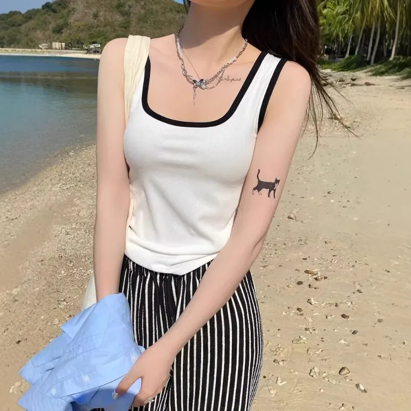 Cute Lovely Women's Tank Top Wide-strap Color-block Ladies' Vest Fixed Chest Pads Worn Inside Outer-layer Camisole Girls Vests