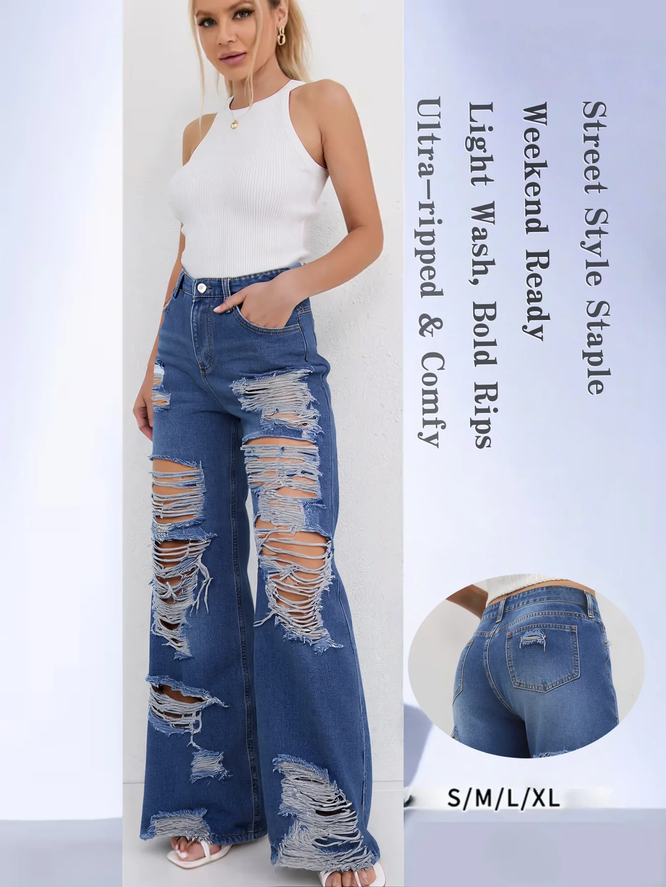 Women's High Waist Straight Leg Jeans Vintage Streetwear Loose Wide Leg Ripped Denim Pants Casual All Match Slim Fit Trousers
