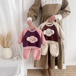 Winter Korean Baby Girls 2PCS Clothes Set Plush Warm Cute Bear Pullovers Thick Solid Fleece Pants Suit Toddler Girl Tracksuit