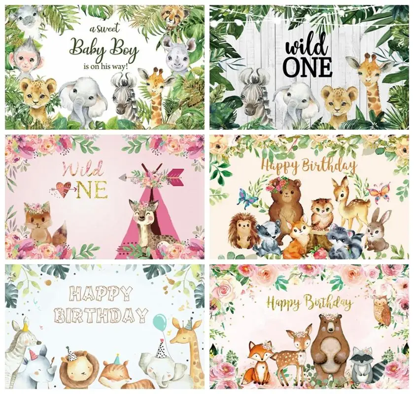 Laeacco Safari Birthday Party Photo Backdrop Wild One Jungle Animals Flowers Newborn Baby Shower Portrait Photography Background