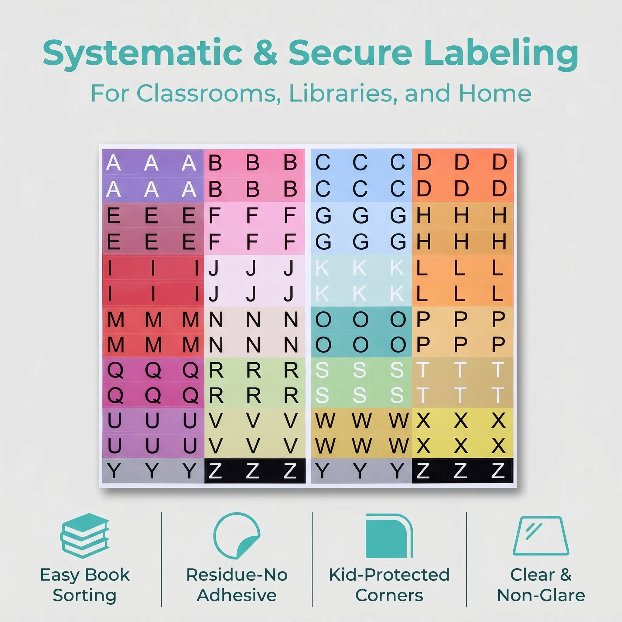 20Sheets Alphabet Labels Color Coded Self Adhesive Stickers for Classroom Library Books A-Z Letter Stickers for Book