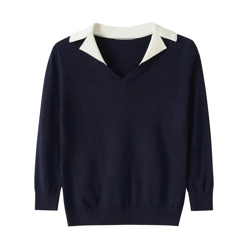 

Женский вязаный хлопковый пуловер с длинными рукавами, свитер с отложным воротником, пуловер, свитер