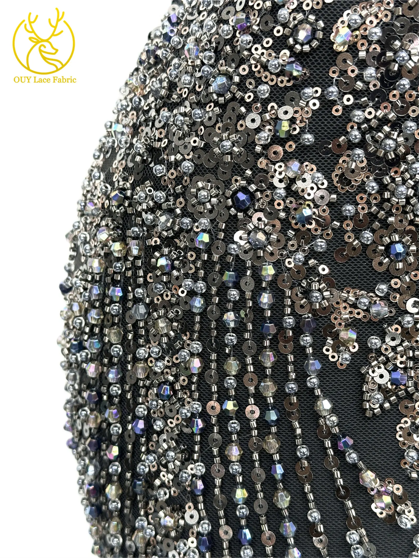 Schwarzer Luxuriöser Afrikanischer Handgefertigter Schwer Perlenverzierter Pailletten-Spitzenstoff 5 Yards Luxuriöser Französischer Tüll-Spitzenstoff für Partykleider – Detail 10