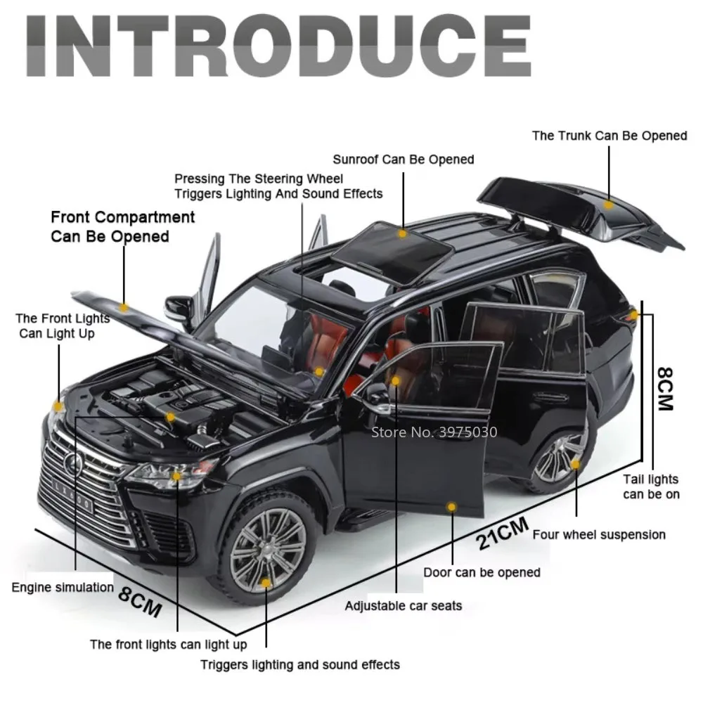 1:24合金ダイキャストLX570 LX600おもちゃの車モデル、6ドア開閉、ライトミュージック、SUV、プルバック式、子供の誕生日プレゼント