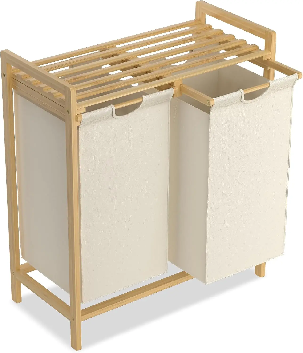 Cesto per la biancheria con 2 scomparti, capacità 36L, sistema di smistamento con coperchio e maniglie in bambù, cesto in tessuto Oxford per la lavanderia, ideale per bagno o camera da letto,